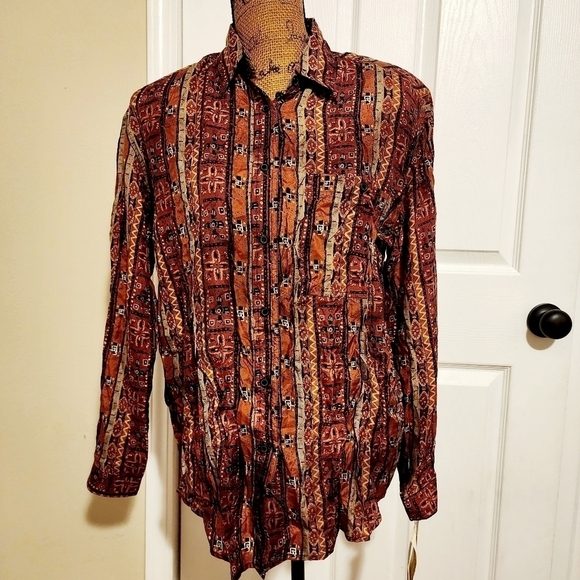 NWT Metro Express 100% Silk Brown Tribal Design Button Up Shirt Women's M Fall - Picture 1 of 10